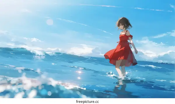 A Young Girl in Red Dress Standing in Calm Ocean Water Under Clear Blue Sky