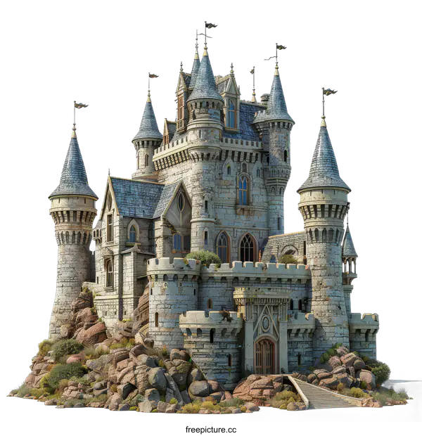 [Transparent Background PNG]Medieval Castle Illustration on a Rocky Outcrop