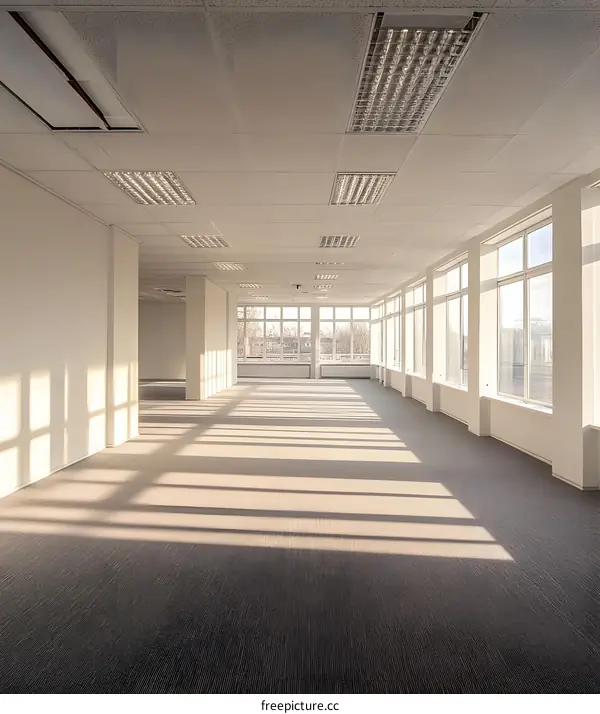 Empty Office Space with Large Windows and Sunlight