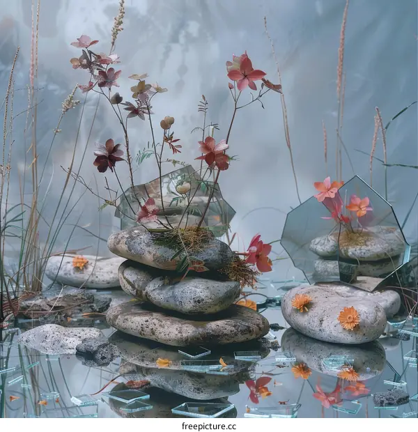Still life with flowers and rocks on a reflective surface