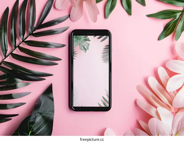 Pink Background with Smartphone and Tropical Leaves