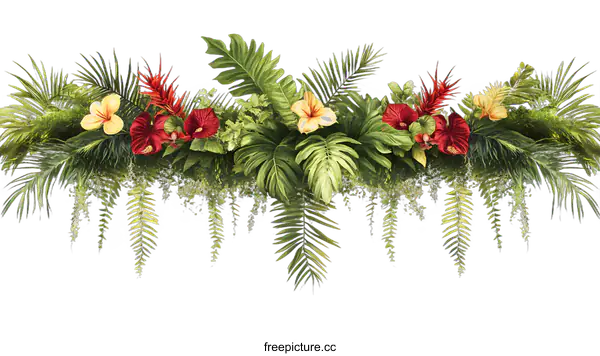 [Transparent Background PNG]Tropical Floral Garland with Green Leaves and Red Flowers