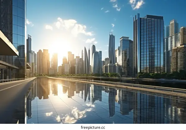 A modern city with skyscrapers and a reflecting pool in the foreground