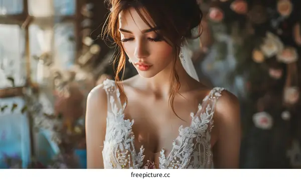 Portrait of a beautiful bride in a white dress with lace and pearls