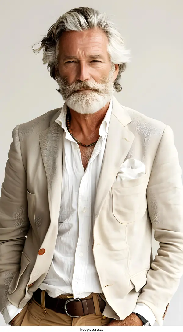 Portrait of a Handsome Elderly Man with a White Beard Wearing a Light Brown Blazer and a White Shirt