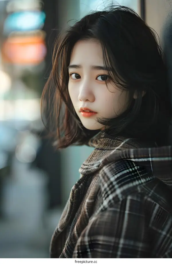 Young Asian Woman in Plaid Jacket Looking at Camera