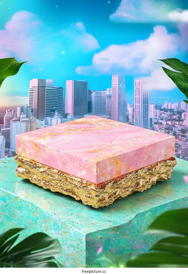 Pink Marble Platform With Gold and Green Background