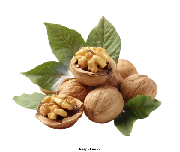 [Transparent Background PNG]Fresh Walnuts with Green Leaves on White Background