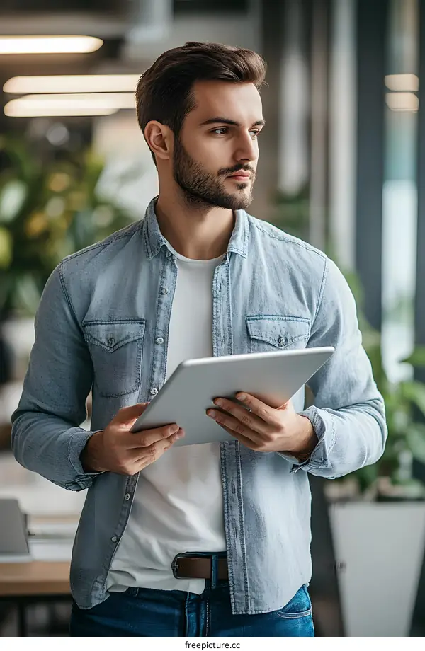 Young Man Using Tablet in Modern Office