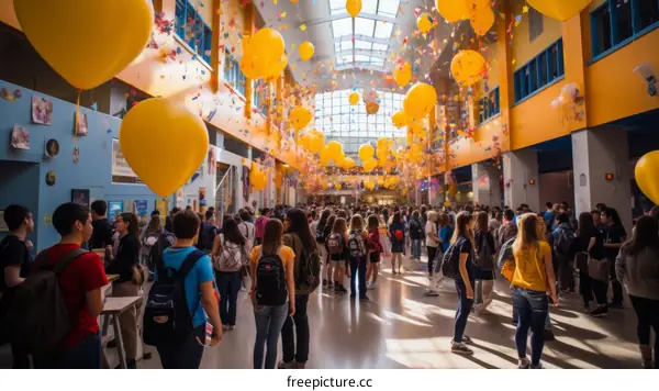 Crowded school hallway with yellow balloons