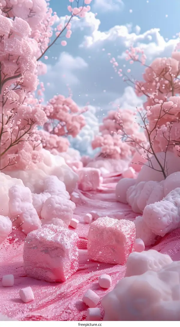 Pink fluffy clouds and trees with pink flowers