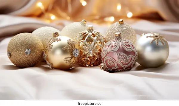 Elegant Christmas ornaments on a soft, silky, gold-colored cloth