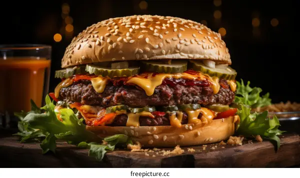 yummy cheeseburger with pickles and lettuce