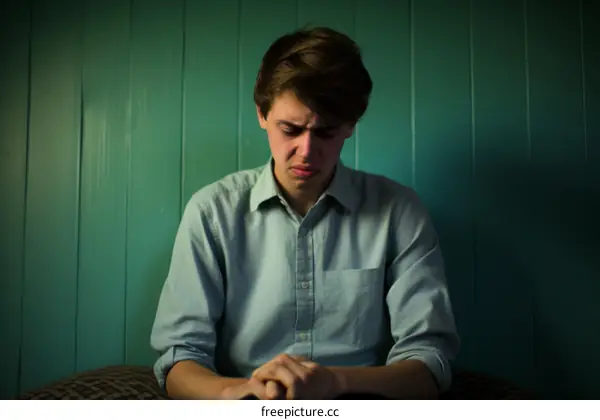 Young caucasian man with short brown hair wearing light blue long-sleeved shirt sitting on sofa against dark teal green wall background looking very sad with hands clasped in front