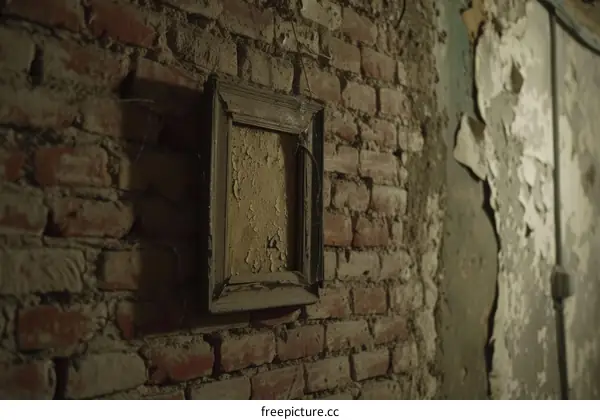old picture frame on brick wall with peeling paint
