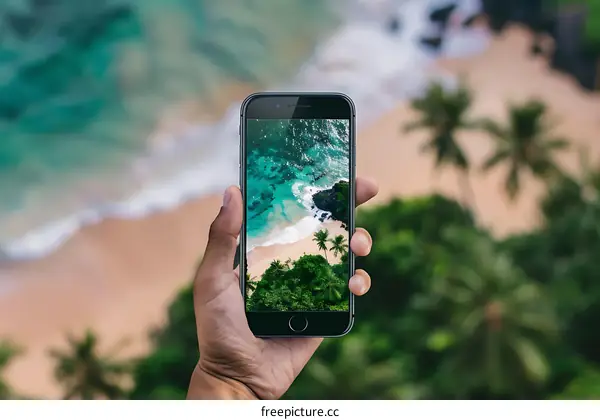 Hand Holding Smartphone with Tropical Beach Image