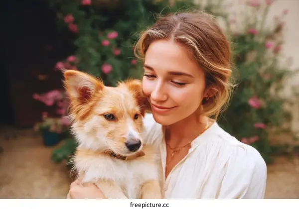 Woman Holding Puppy in Outdoor Garden Setting