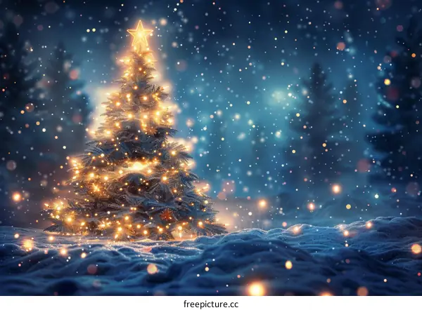 Christmas tree in the snow forest