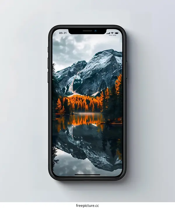 Smartphone Display with Mountain Lake Reflection Wallpaper