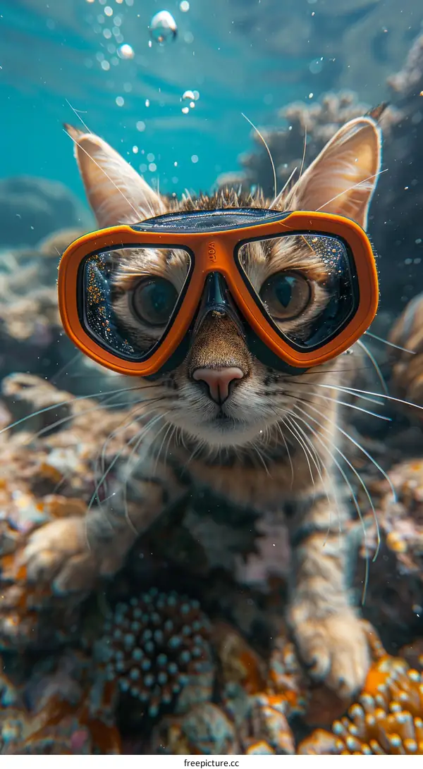 Cat wearing diving goggles stares at camera
