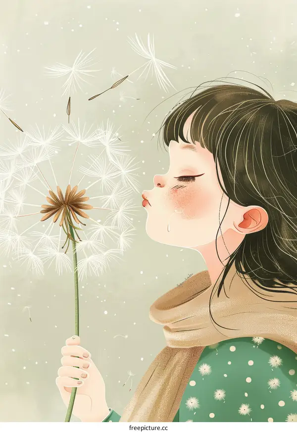 A young girl blowing a dandelion