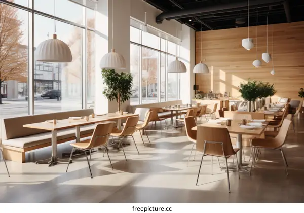 Fine dining restaurant with large windows and wooden tables and chairs