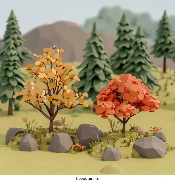 Two stylized trees with orange leaves in a field