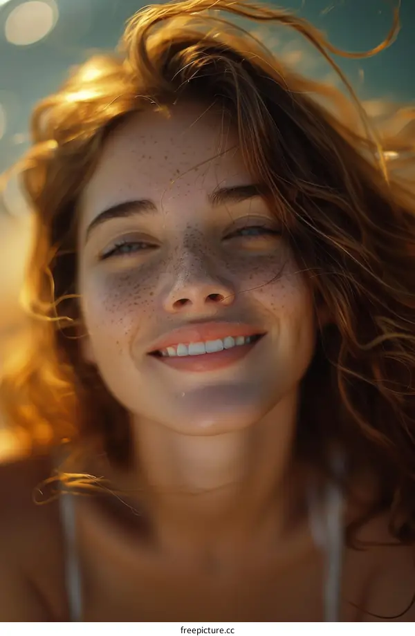 Close-up Portrait of a Smiling Freckled Woman
