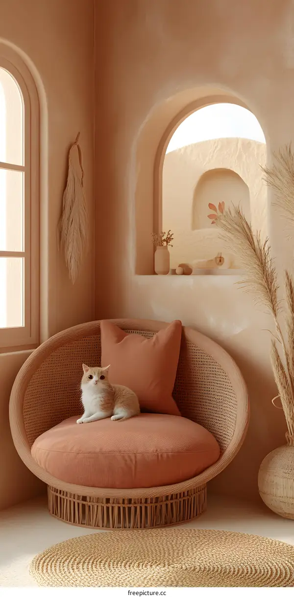 Cat Relaxing in a Wicker Chair in a Minimalist Room