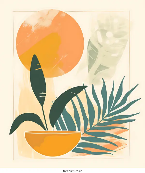 Abstract Minimalist Art Print With Palm Leaves and Sun