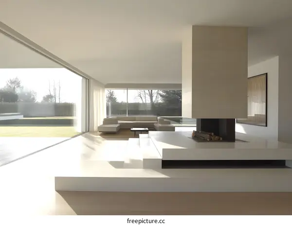 Modern Living Room with Fireplace and Large Windows