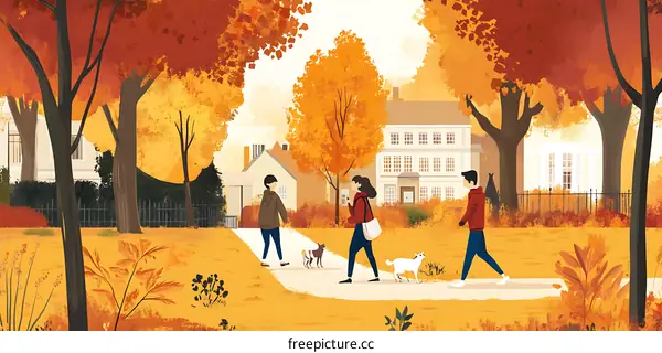 Autumn Walk in the Park with Friends and Dogs