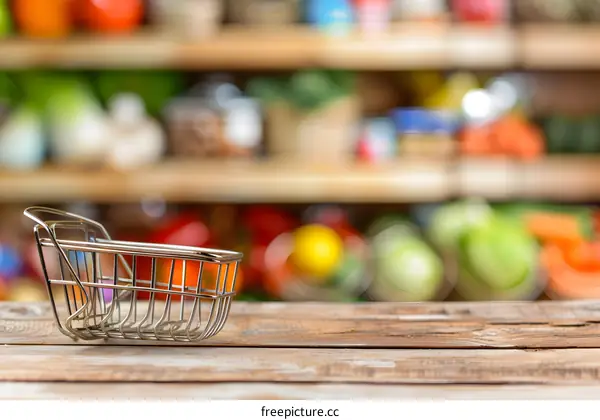 Small Metal Shopping Basket on Wooden Table with Blurred Grocery Store Background