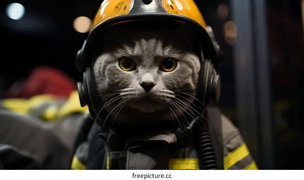 A cat wearing a firefighter's helmet