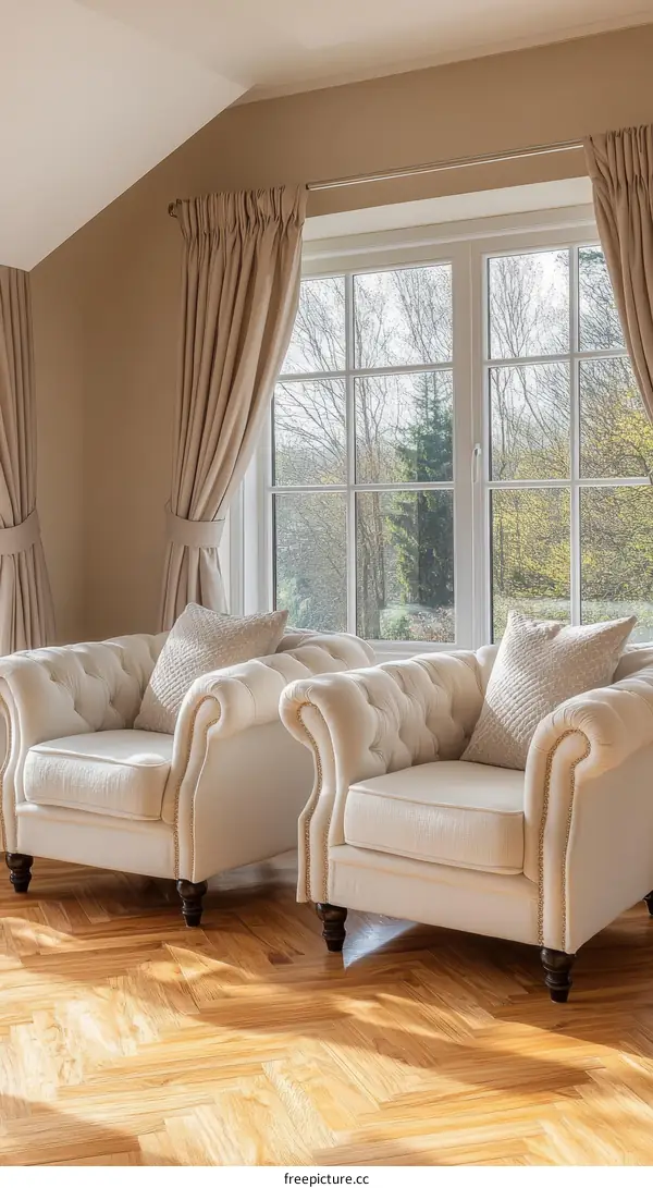 Elegant Living Room with Light Beige Furniture and Wooden Floor