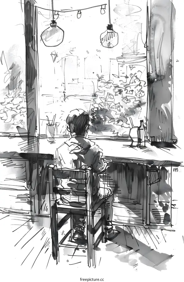 Man Sitting By The Window At A Cafe Sketch