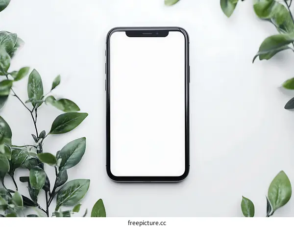 Blank Phone Screen with Green Leaves