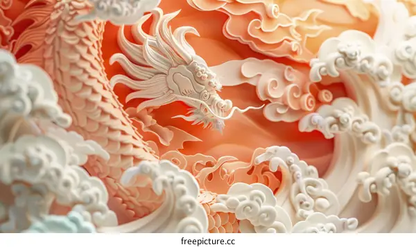 An illustration of a Chinese dragon made of white and pink jade carving with clouds in the background