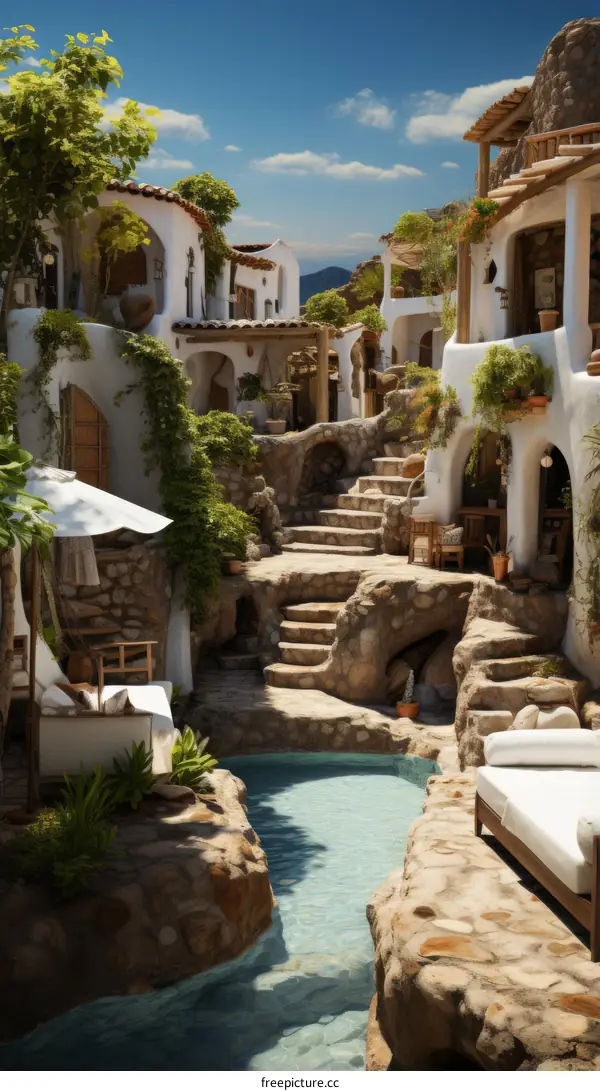 A beautiful Mediterranean village with whitewashed buildings and a blue swimming pool