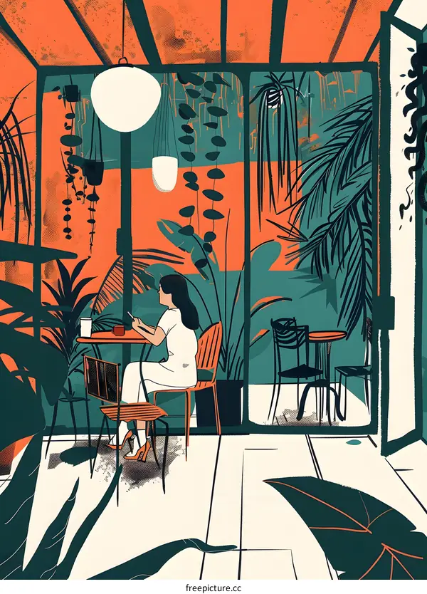 Woman Sitting in a Cafe With Plants and a View