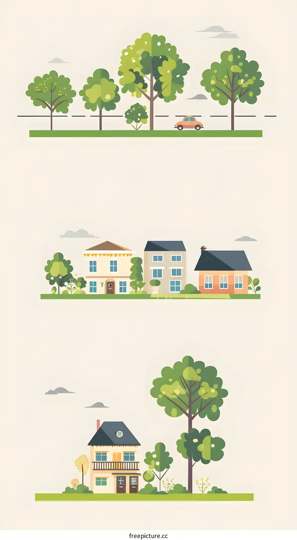 Suburban Neighborhood Illustration with Houses and Trees
