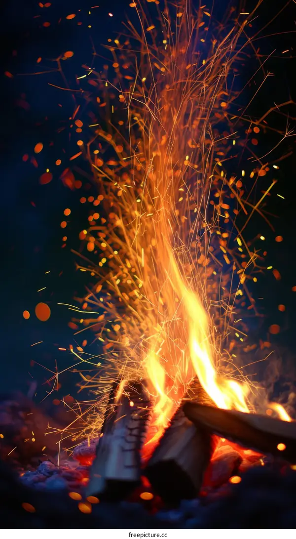 Burning bonfire with sparks in the dark