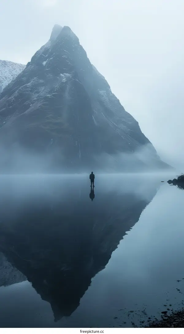 Man standing alone in front of a large mountain