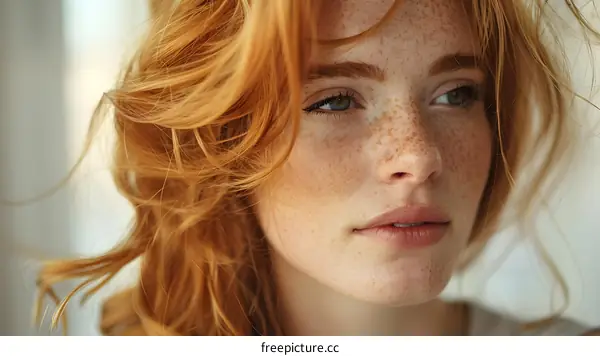 Portrait of a Woman with Red Hair and Freckles