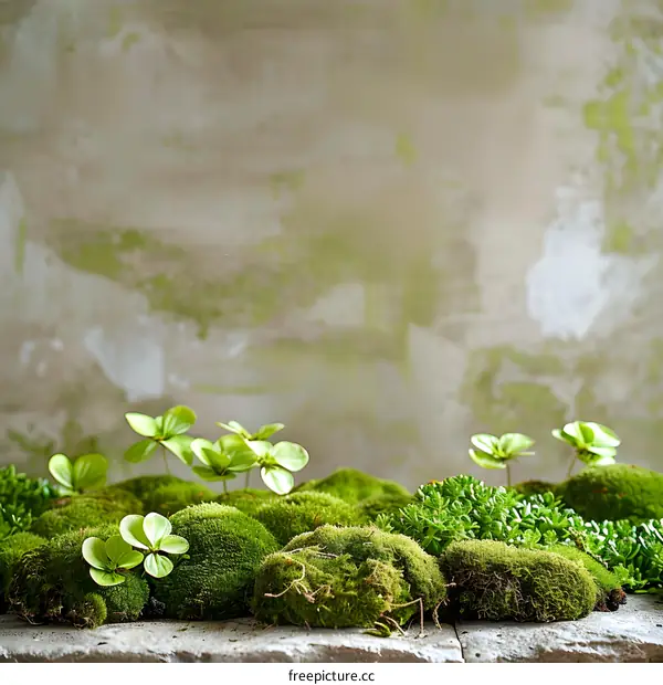 Green Moss and Plants on a Stone Background