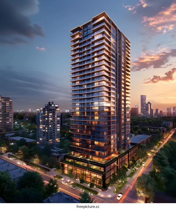 A modern high-rise residential building with a glass facade