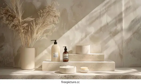 Bath and body products displayed on podiums against textured background