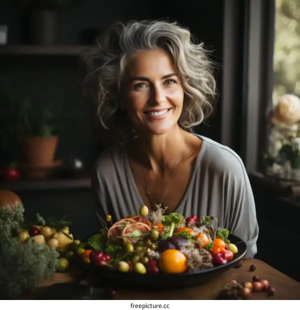 Portrait of a beautiful smiling woman with gray hair and a plate full of fruits and vegetables