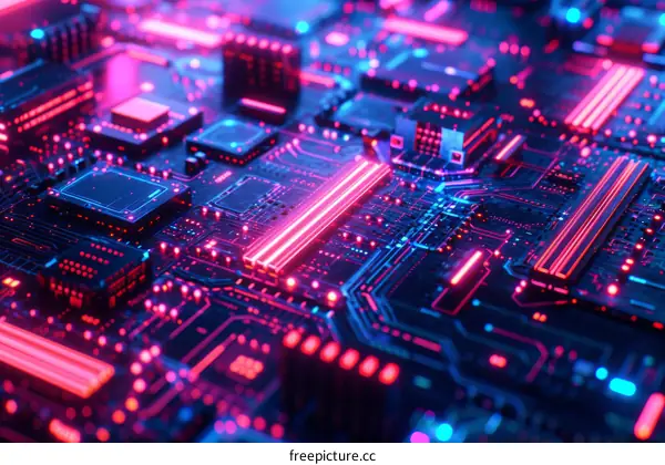 A close-up of a computer circuit board with glowing red and blue lights.