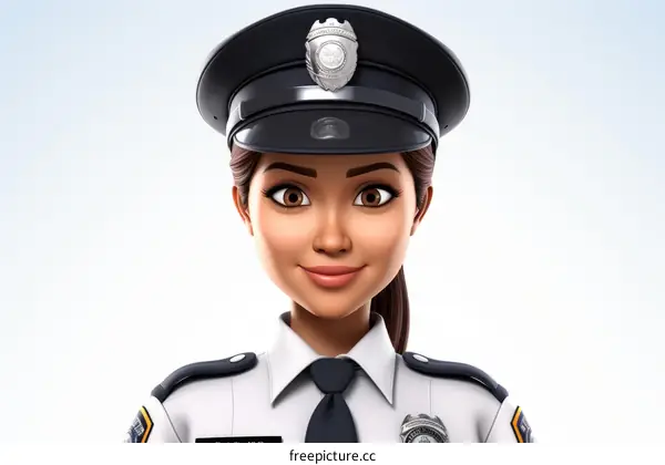 A 3D illustration of a policewoman with brown hair and brown eyes. She is wearing a black police hat with a silver badge, a white shirt, and a black tie.